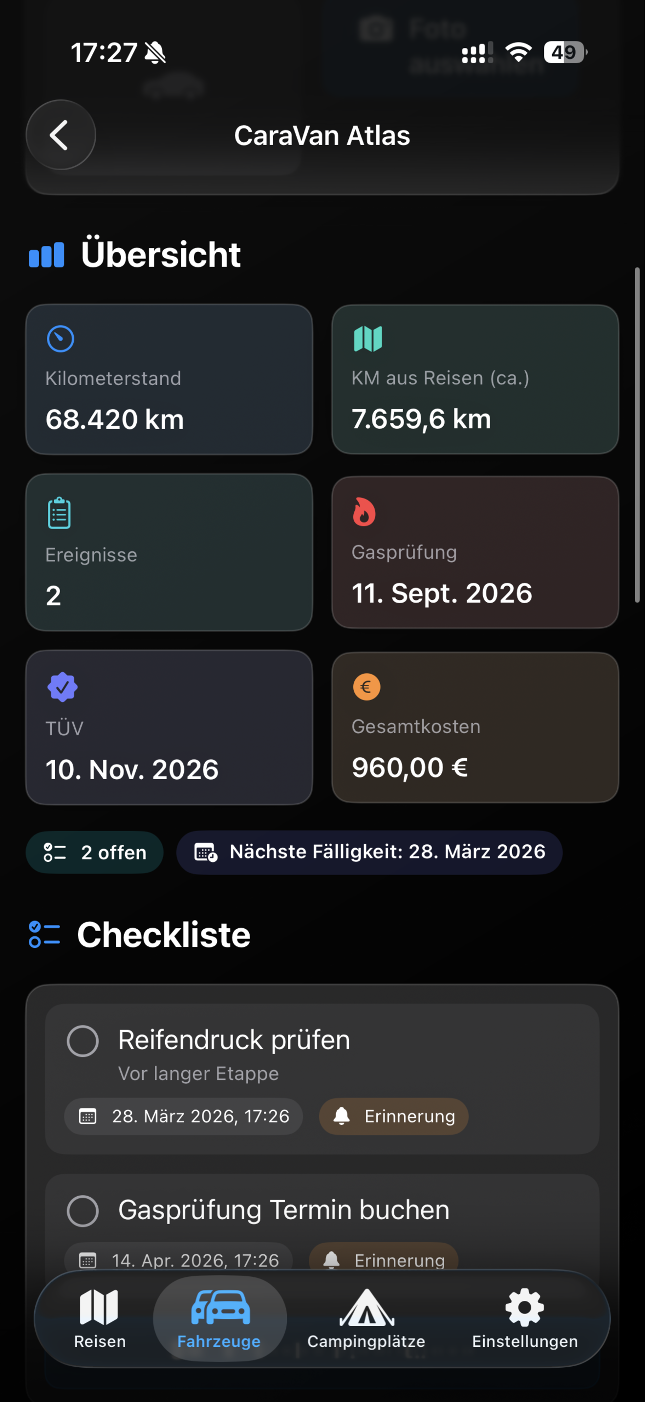 CaraTrip iPhone Fahrzeugübersicht